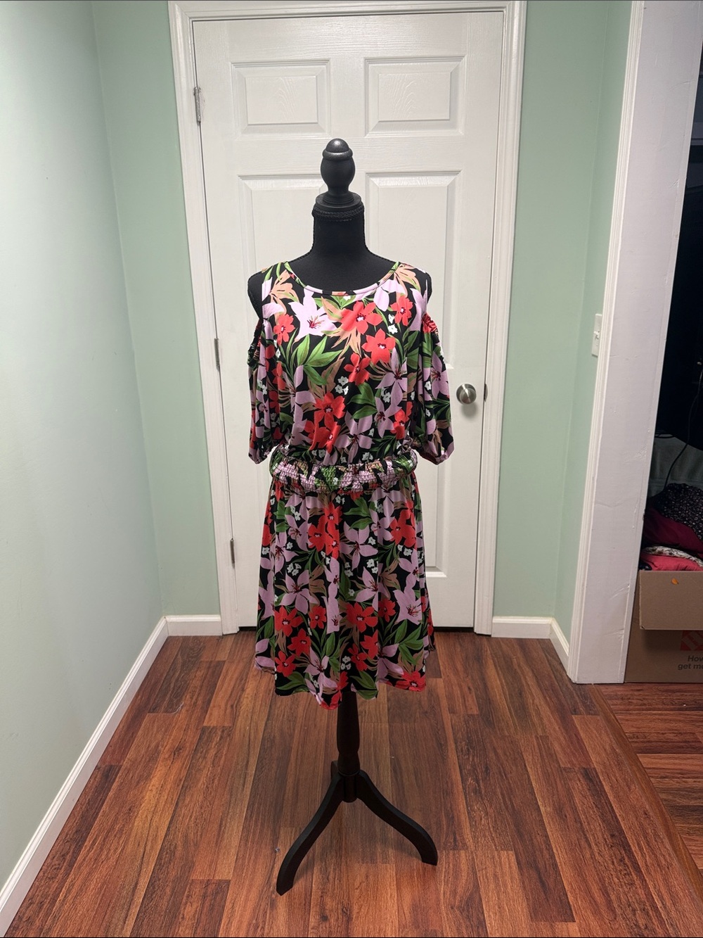 Robert Louis Black Mini Dress with Pink & Red Floral Print